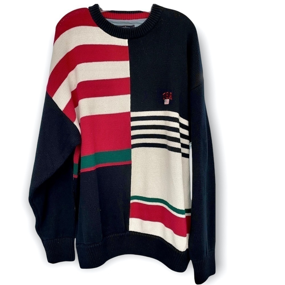 Vintage Woods & Gray 100% Cotton Color Block Sweater Patriotic Red White Blue XL